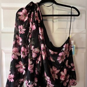 CeCe  One Shoulder Black and Pink Floral Blouse